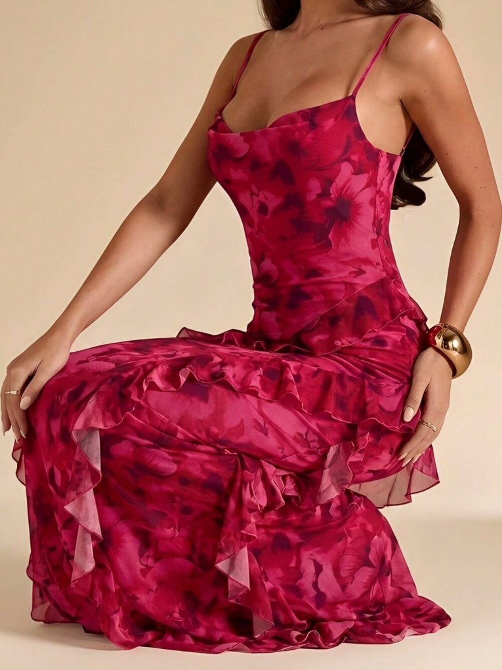 Pink Elegant Women's Fuchsia Floral Print Ruffled Draped Neck Fitted Maxi Dress - Picture 3 of 5